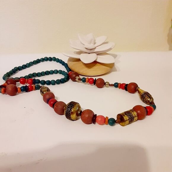 📿VINTAGE 70'S WOODEN BRASS BOHO HIPPIE STYLE NECKLACE 📿 - Picture 3 of 11